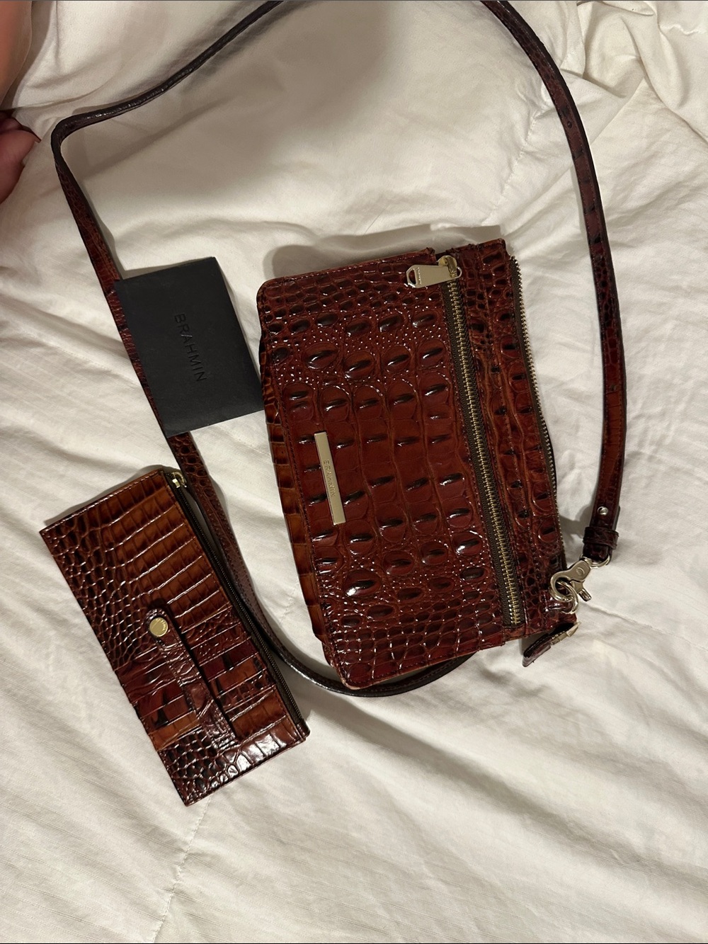 Brahmin- Croc-Embossed Dark Brown Crossbody Bag with Matching Wallet